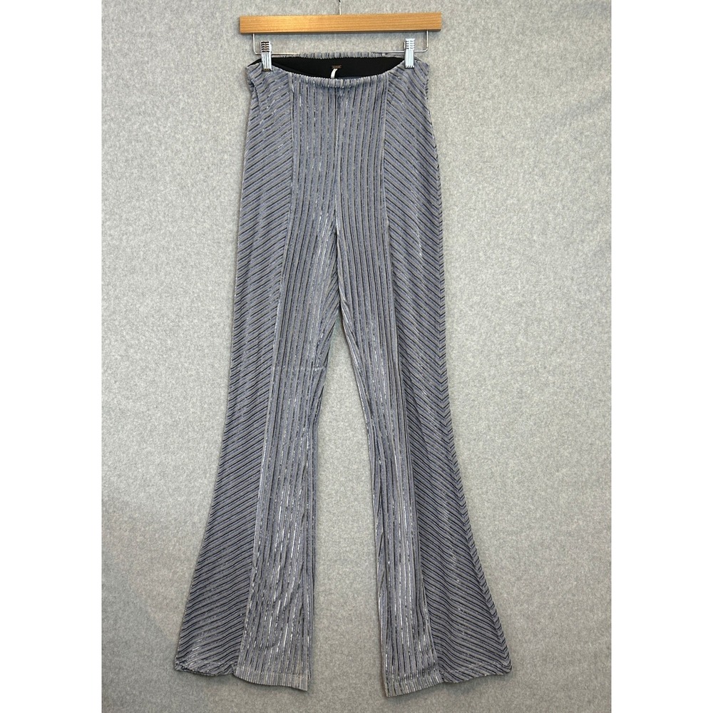 Free People Velvet Flare Pants Blue Silver Striped Bell Bottom Retro Size Small